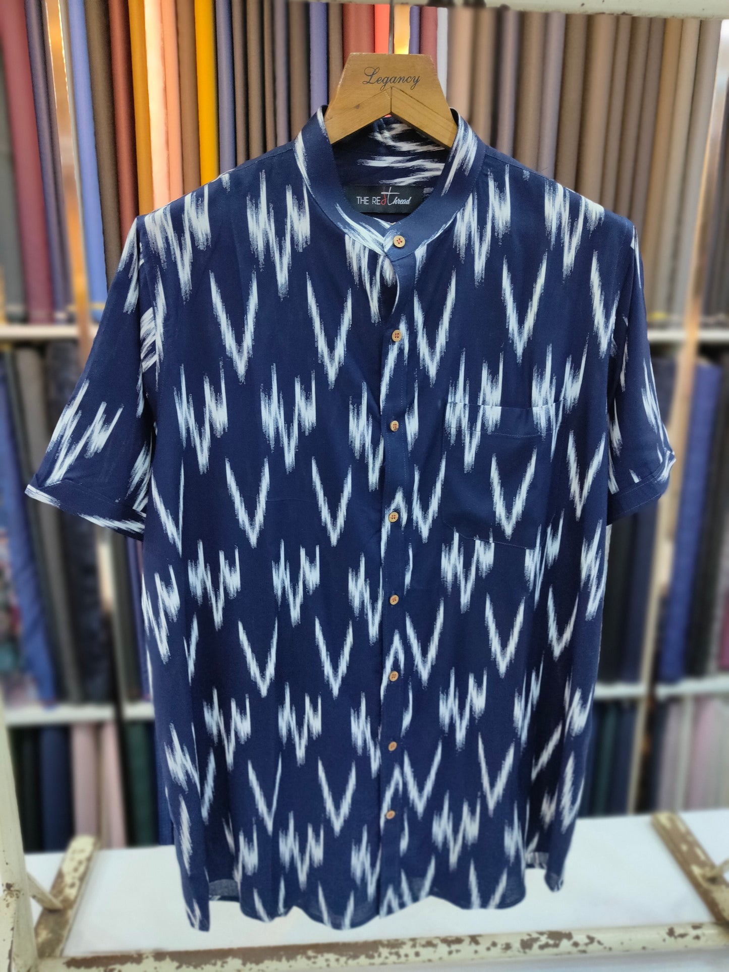 Navy Blue Ikat Tropical Aloha Shirt