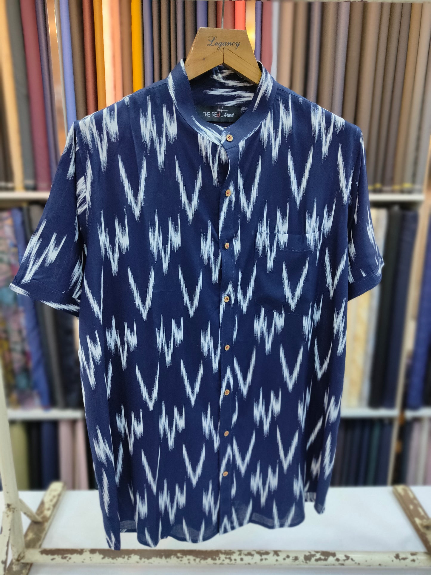 Navy Blue Ikat Tropical Aloha Shirt