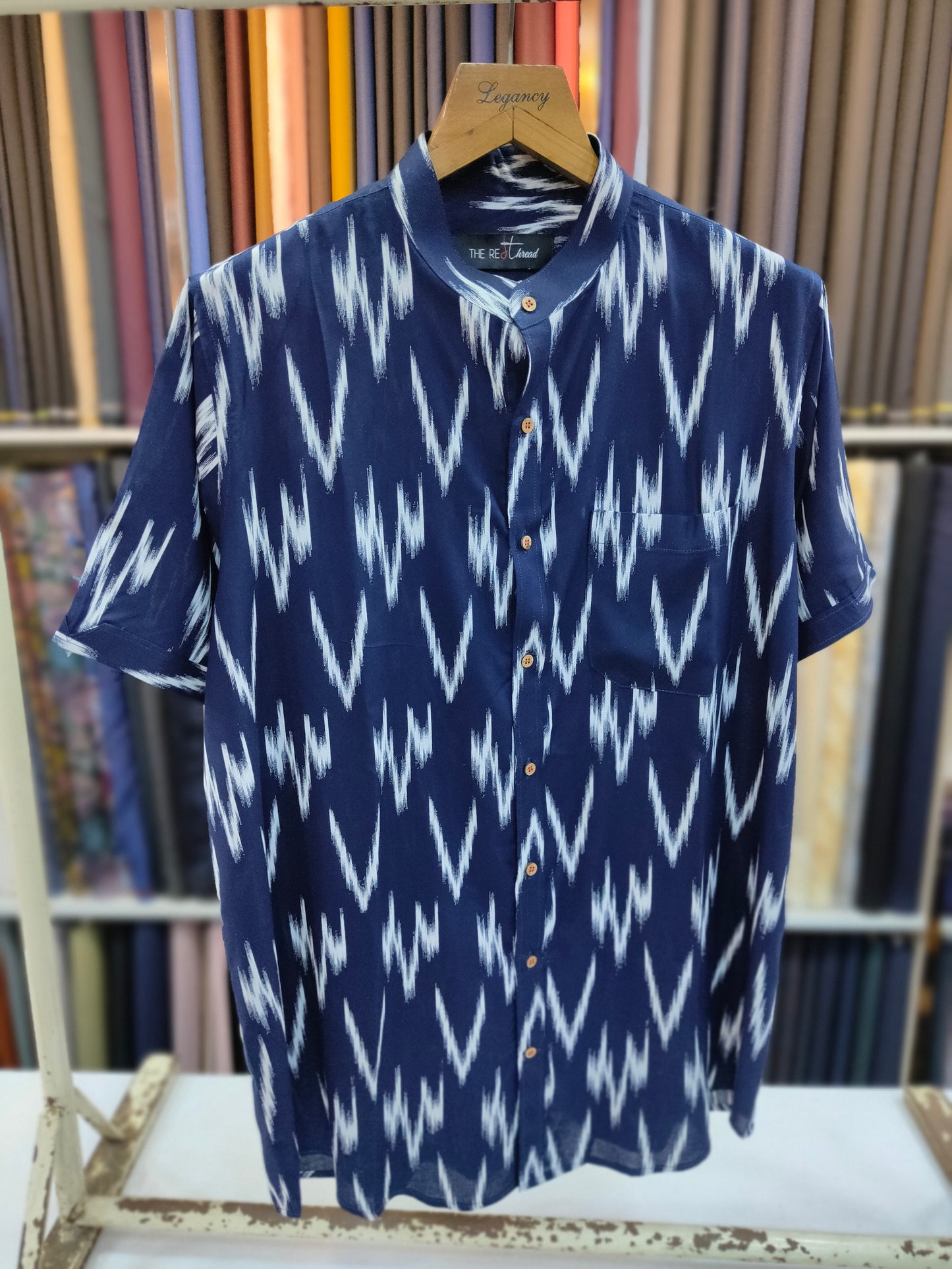 Navy Blue Ikat Tropical Aloha Shirt