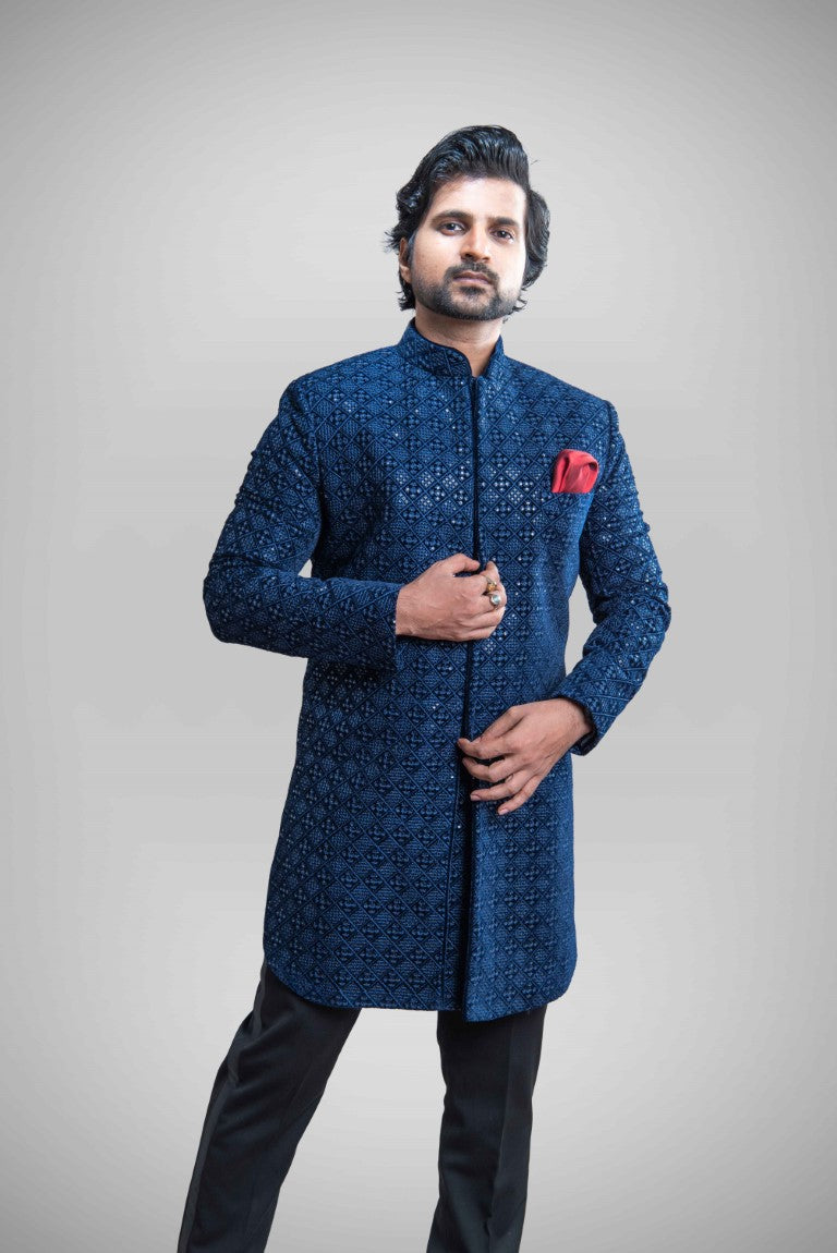 BLUE VELVET EMBROIDERED SHERWANI