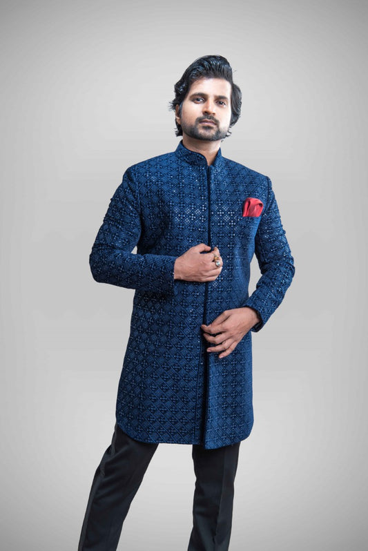 BLUE VELVET EMBROIDERED SHERWANI