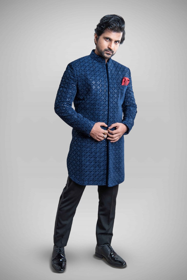 BLUE VELVET EMBROIDERED SHERWANI