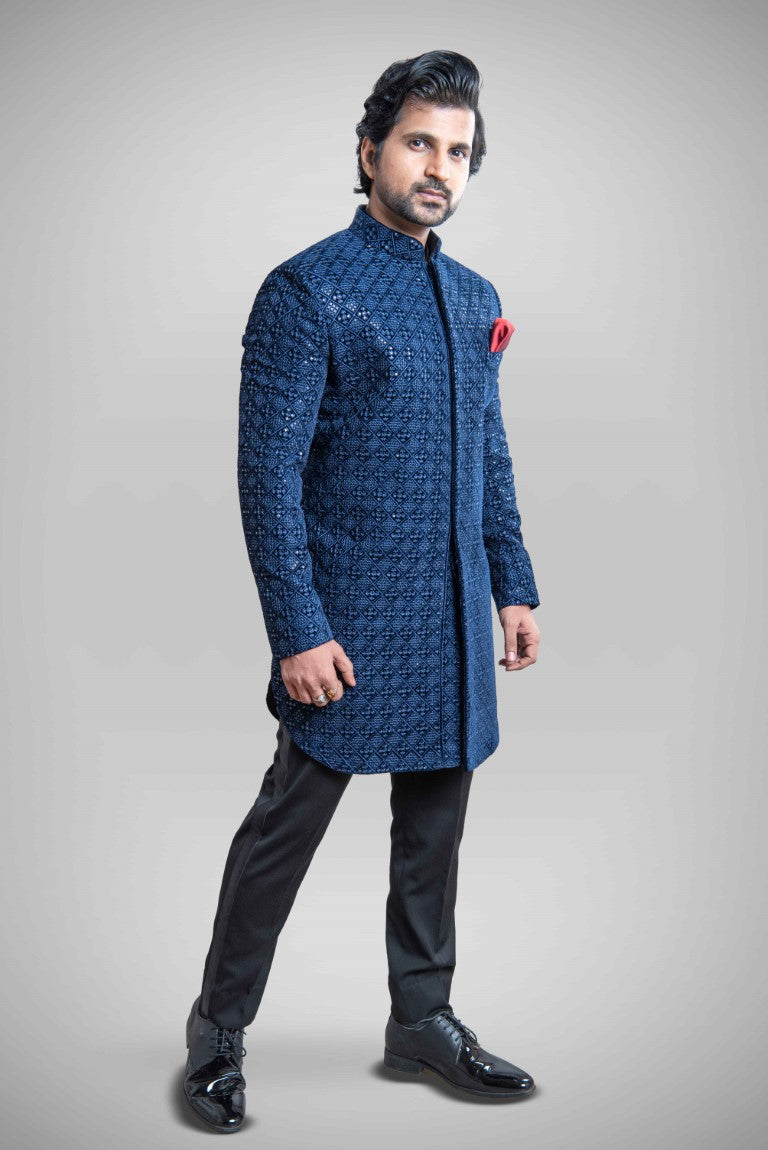 BLUE VELVET EMBROIDERED SHERWANI